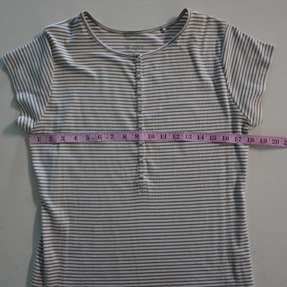 M.M. LaFleur Mori Hinley Thin Striped Ribbed Pima Cotton Khaki / Ivory Tee - Picture 6 of 7